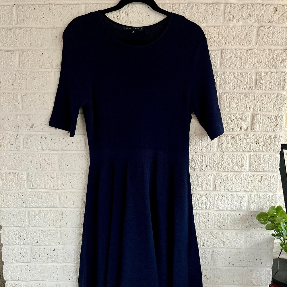 Antonio‎ Melani Knit Fit & Flare Dress Short Sleeve Navy Blue